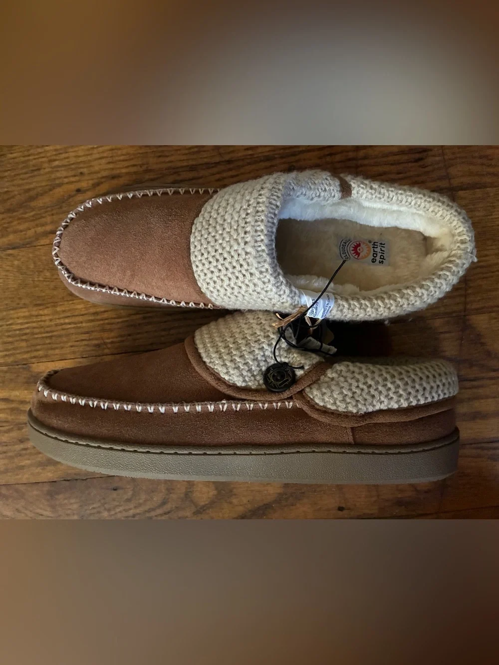 Earth Spirit Men's Brown Suede Slip-On Slippers with Cream Knit Cuff